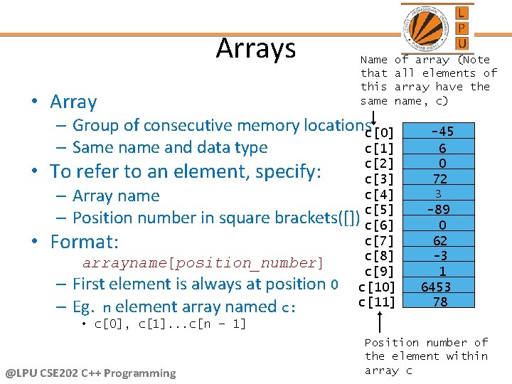 Arrays • Array Name that this same of array (Note all elements of array
