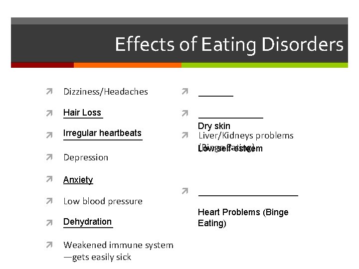 Effects of Eating Disorders Dizziness/Headaches _______ Hair Loss _____________ Irregular heartbeats ________ Depression ______