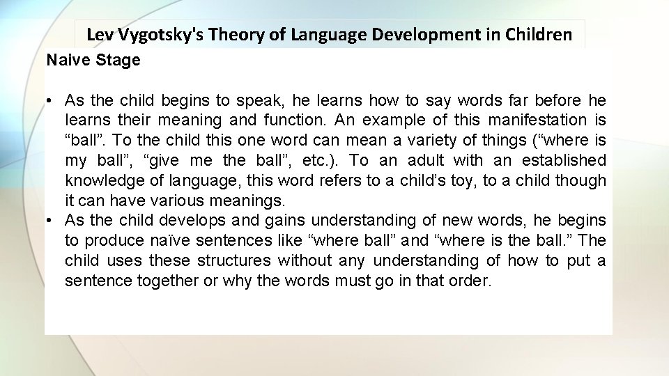 Lev Vygotsky's Theory of Language Development in Children Naive Stage • As the child Lev Vygotsky's Theory of Language Development in Children Naive Stage • As the child
