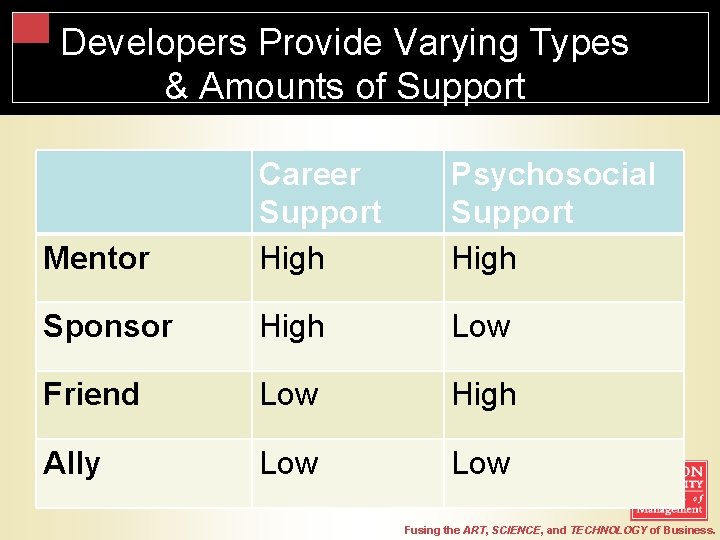 Developers Provide Varying Types & Amounts of Support Mentor Career Support High Psychosocial Support