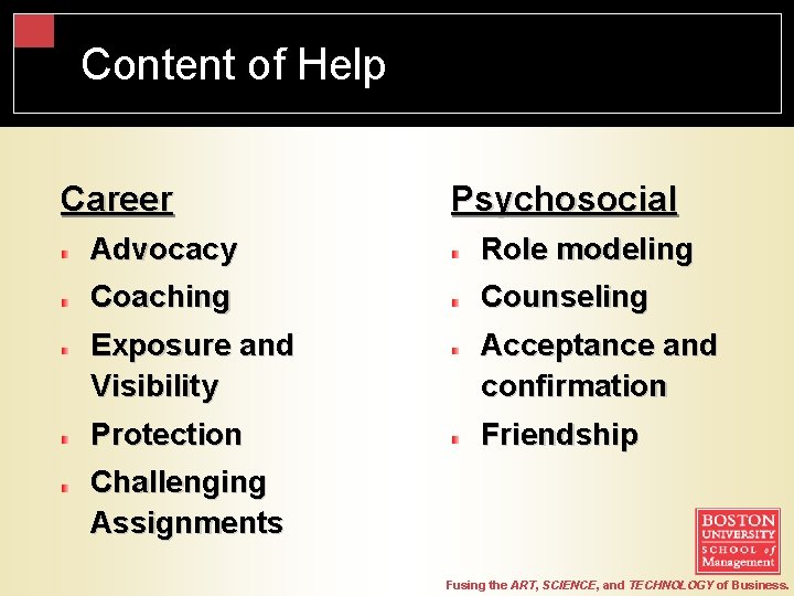 Content of Help Career Psychosocial Advocacy Role modeling Coaching Counseling Exposure and Visibility Acceptance