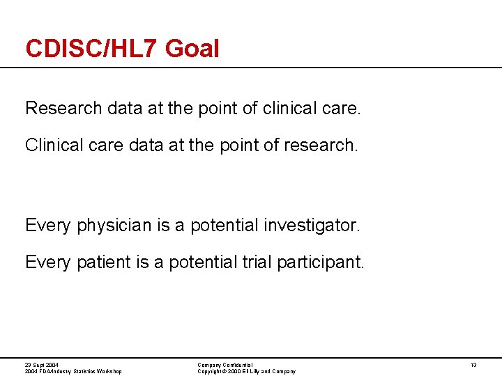 CDISC/HL 7 Goal Research data at the point of clinical care. Clinical care data CDISC/HL 7 Goal Research data at the point of clinical care. Clinical care data