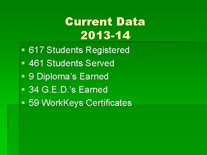 Current Data 2013 -14 § § § 617 Students Registered 461 Students Served 9