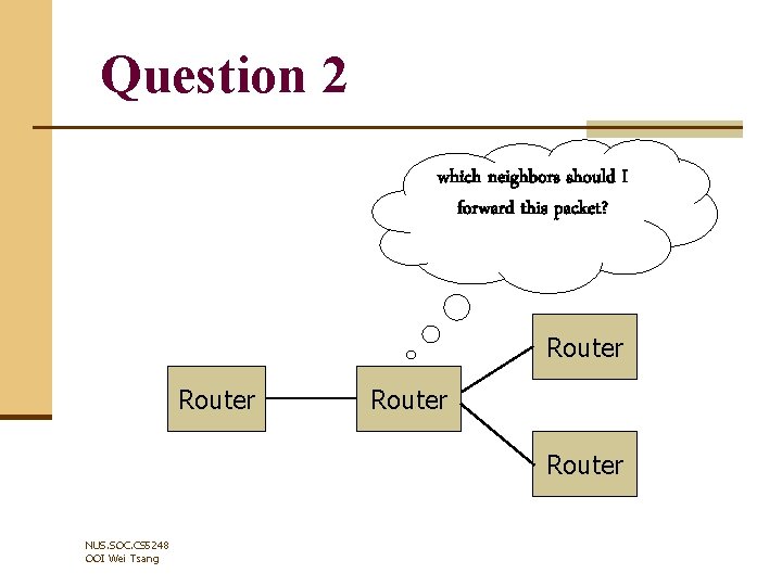 Question 2 which neighbors should I forward this packet? Router NUS. SOC. CS 5248