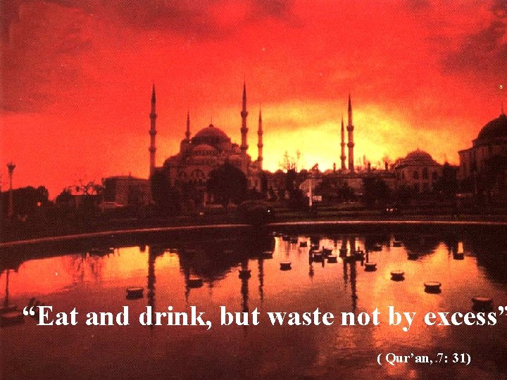 “Eat and drink, but waste not by excess” ( Qur’an, 7: 31) 