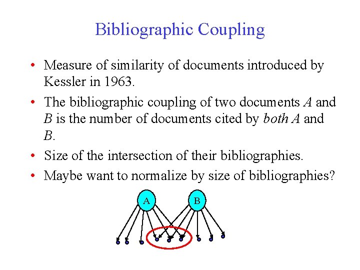 Bibliographic Coupling • Measure of similarity of documents introduced by Kessler in 1963. •