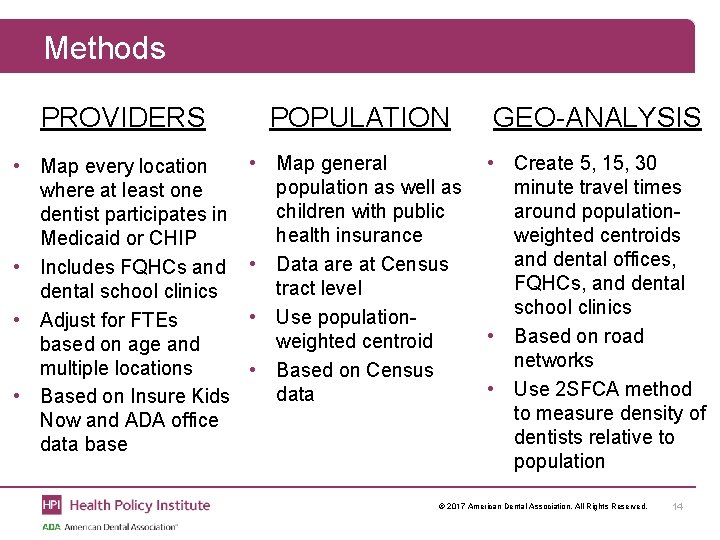 Methods PROVIDERS POPULATION GEO-ANALYSIS • Map every location where at least one dentist participates