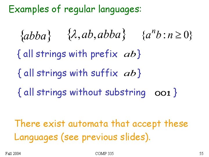 Examples of regular languages: { all strings with prefix } { all strings with