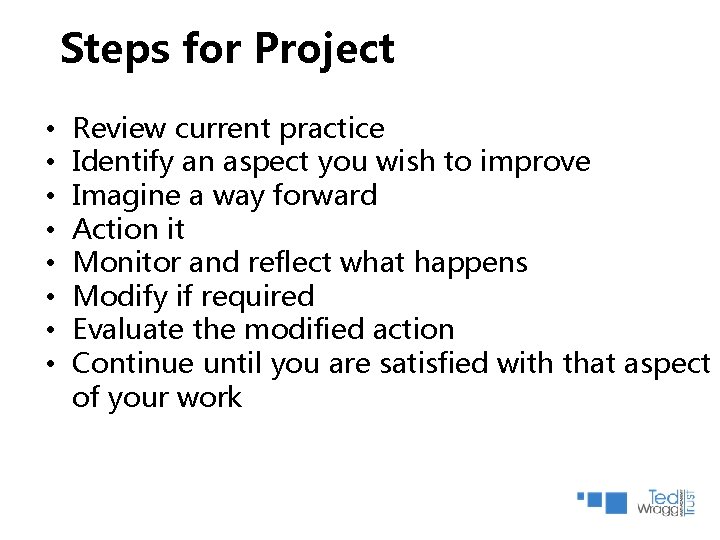 Steps for Project • • Review current practice Identify an aspect you wish to Steps for Project • • Review current practice Identify an aspect you wish to