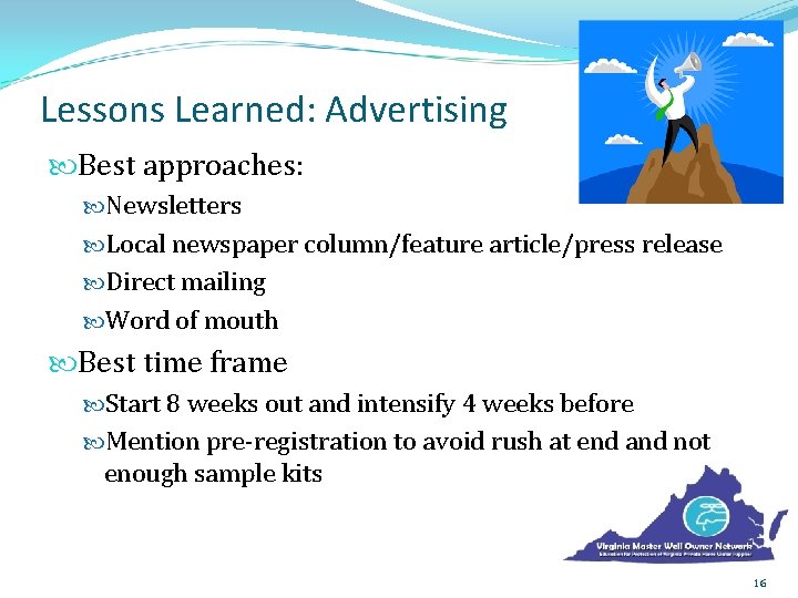 Lessons Learned: Advertising Best approaches: Newsletters Local newspaper column/feature article/press release Direct mailing Word