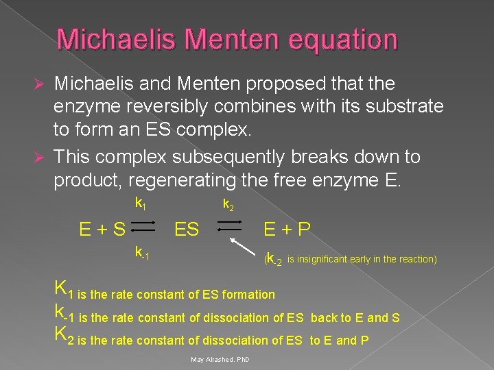 Michaelis Menten equation Michaelis and Menten proposed that the enzyme reversibly combines with its