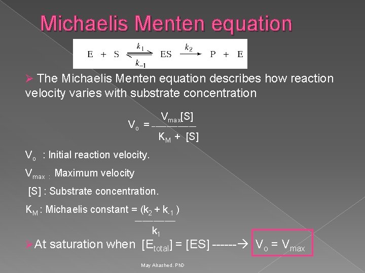 Michaelis Menten equation Ø The Michaelis Menten equation describes how reaction velocity varies with