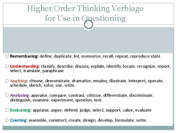 Higher Order Thinking Verbiage for Use in Questioning � Remembering: define, duplicate, list, memorize, Higher Order Thinking Verbiage for Use in Questioning � Remembering: define, duplicate, list, memorize,