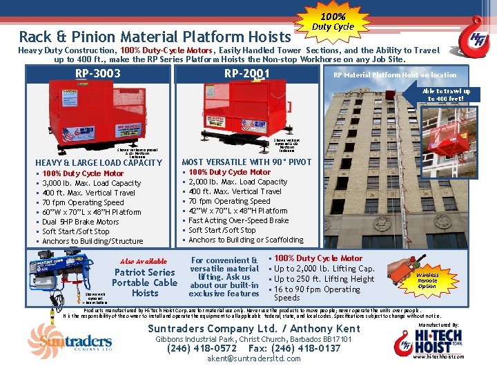 100% Rack & Pinion Material Platform Hoists Duty Cycle Heavy Duty Construction, 100% Duty-Cycle