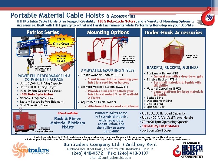 Portable Material Cable Hoists & Accessories HTH Portable Cable Hoists offer Rugged Reliability, 100%