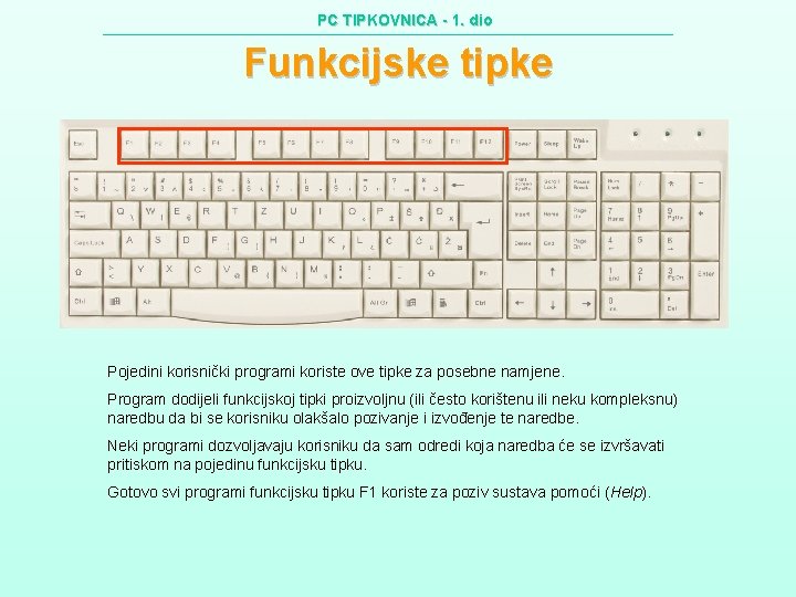 PC TIPKOVNICA - 1. dio Funkcijske tipke Pojedini korisnički programi koriste ove tipke za