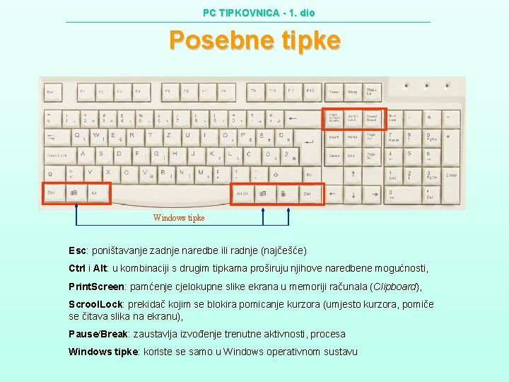 PC TIPKOVNICA - 1. dio Posebne tipke Windows tipke Esc: poništavanje zadnje naredbe ili