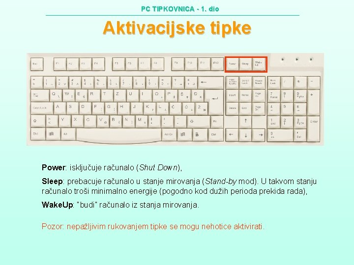 PC TIPKOVNICA - 1. dio Aktivacijske tipke Power: isključuje računalo (Shut Down), Sleep: prebacuje
