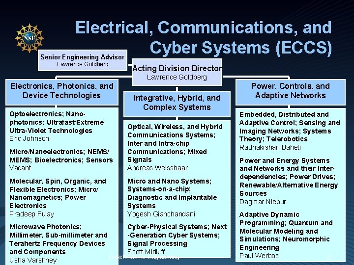 Electrical, Communications, and Cyber Systems (ECCS) Senior Engineering Advisor Lawrence Goldberg Acting Division Director