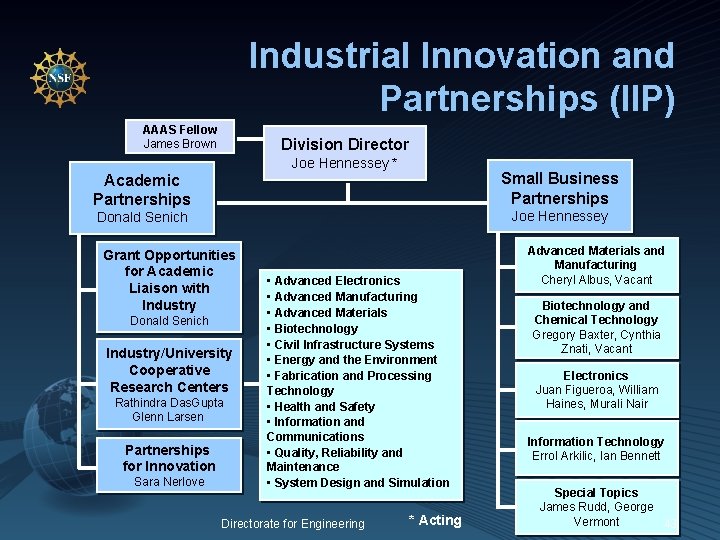 Industrial Innovation and Partnerships (IIP) AAAS Fellow James Brown Division Director Joe Hennessey *