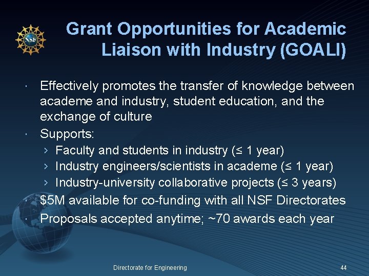 Grant Opportunities for Academic Liaison with Industry (GOALI) Effectively promotes the transfer of knowledge