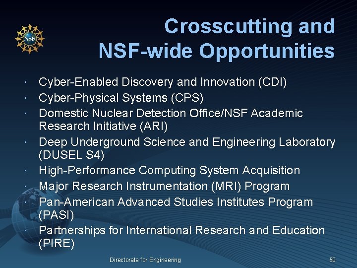 Crosscutting and NSF-wide Opportunities Cyber-Enabled Discovery and Innovation (CDI) Cyber-Physical Systems (CPS) Domestic Nuclear