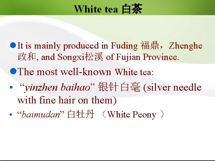 White tea 白茶 l It is mainly produced in Fuding 福鼎，Zhenghe 政和, and Songxi松溪