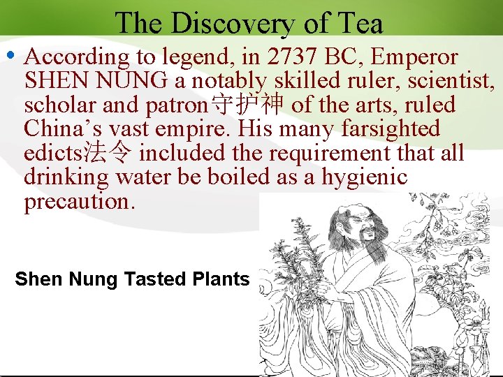 The Discovery of Tea According to legend, in 2737 BC, Emperor SHEN NUNG a