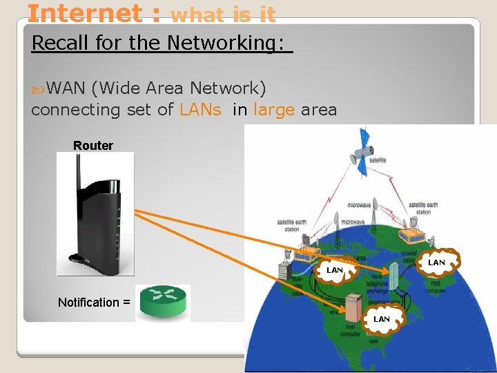 Internet : what is it Recall for the Networking: WAN (Wide Area Network) connecting