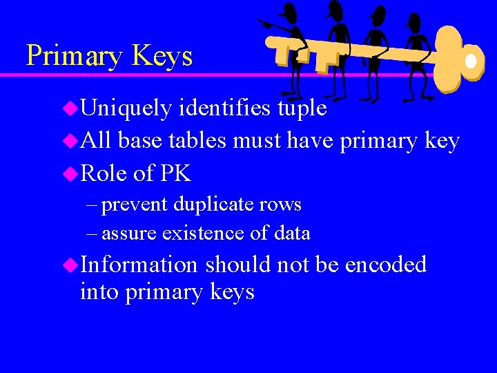 Primary Keys u. Uniquely identifies tuple u. All base tables must have primary key