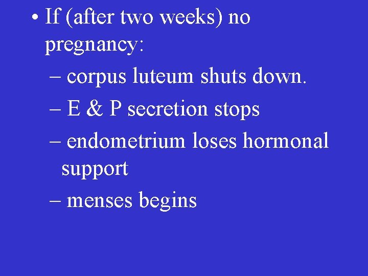  • If (after two weeks) no pregnancy: – corpus luteum shuts down. –