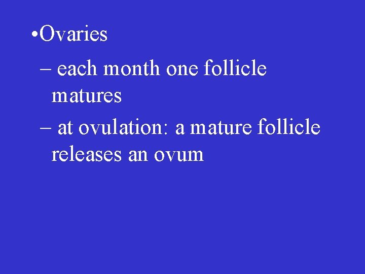  • Ovaries – each month one follicle matures – at ovulation: a mature