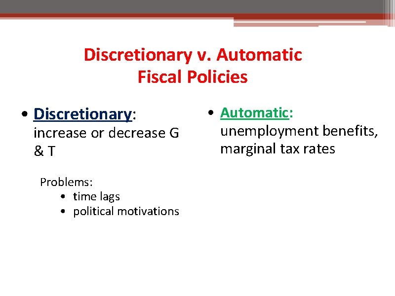 Discretionary v. Automatic Fiscal Policies • Discretionary: increase or decrease G &T Problems: •