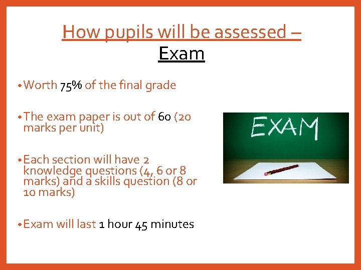 How pupils will be assessed – Exam • Worth 75% of the final grade