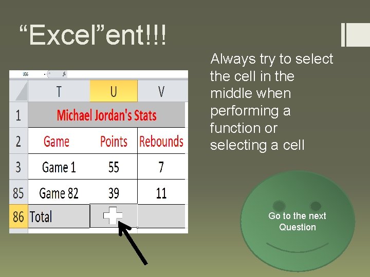 “Excel”ent!!! Always try to select the cell in the middle when performing a function