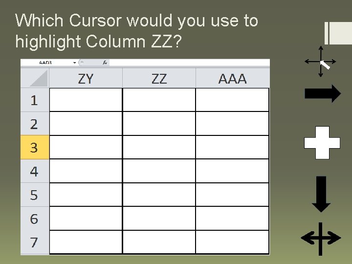 Which Cursor would you use to highlight Column ZZ? 