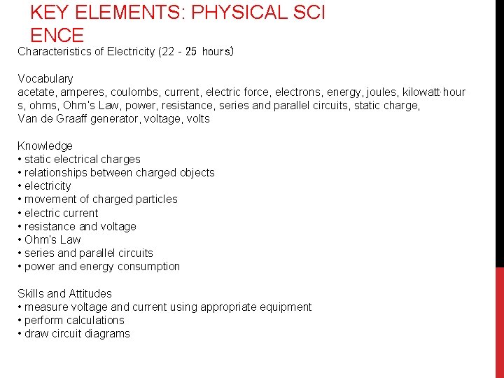 KEY ELEMENTS: PHYSICAL SCI ENCE Characteristics of Electricity (22‐ 25 hours) Vocabulary acetate, amperes,