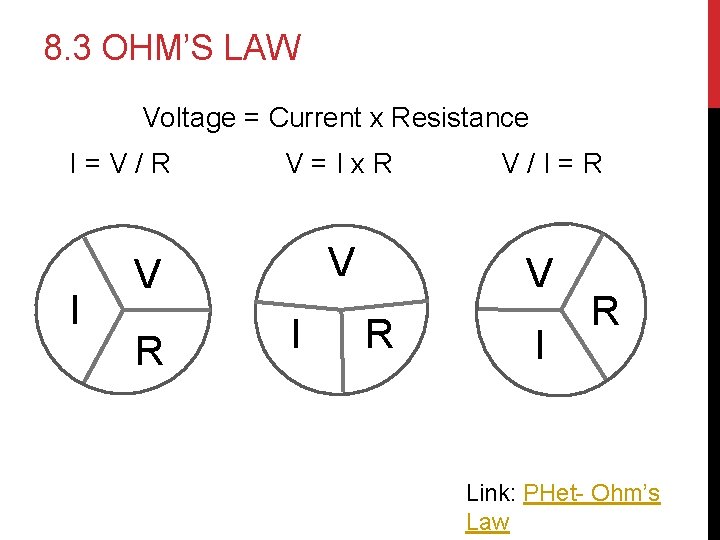 8. 3 OHM’S LAW Voltage = Current x Resistance I = V / R