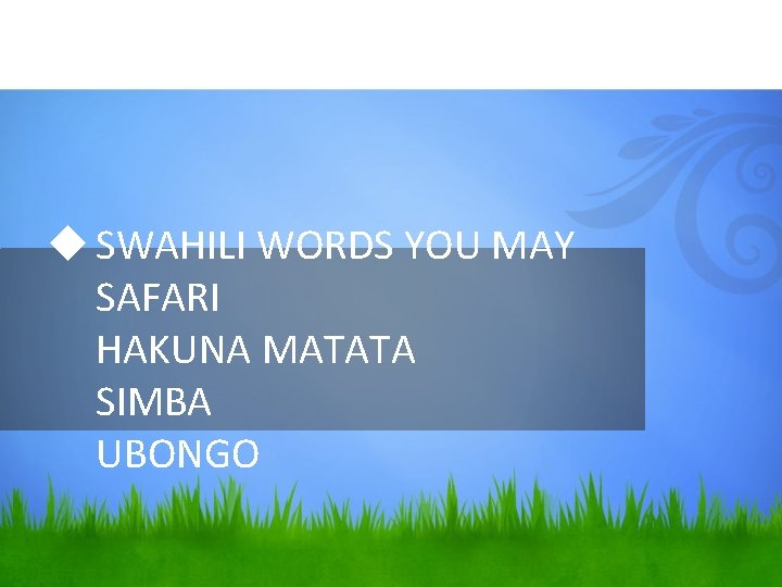 u SWAHILI WORDS YOU MAY SAFARI HAKUNA MATATA SIMBA UBONGO 