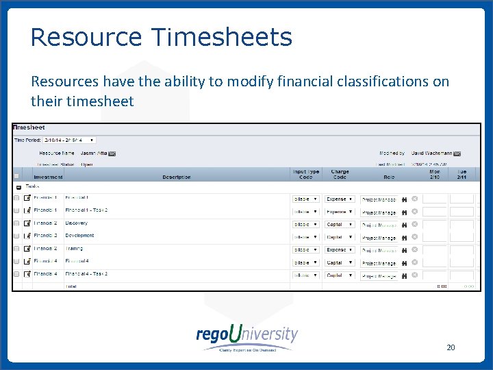 Resource Timesheets Resources have the ability to modify financial classifications on their timesheet 20