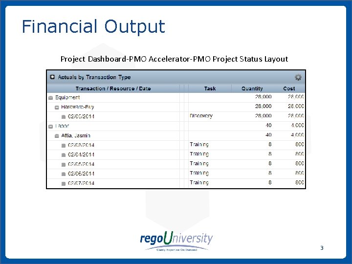 Financial Output Project Dashboard-PMO Accelerator-PMO Project Status Layout 3 www. regoconsulting. com Phone: 1