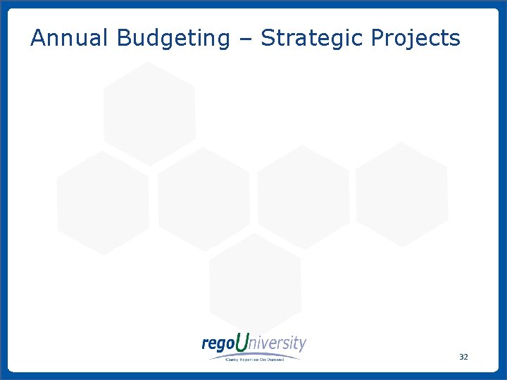 Annual Budgeting – Strategic Projects 32 www. regoconsulting. com Phone: 1 -888 -813 -0444