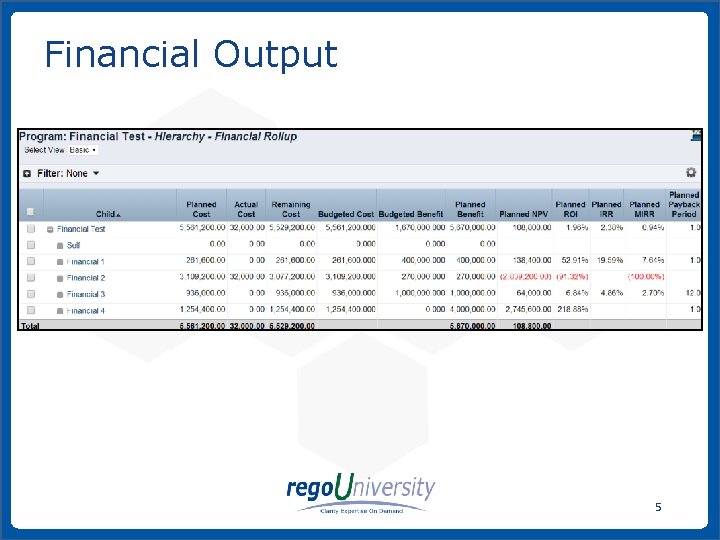 Financial Output 5 www. regoconsulting. com Phone: 1 -888 -813 -0444 