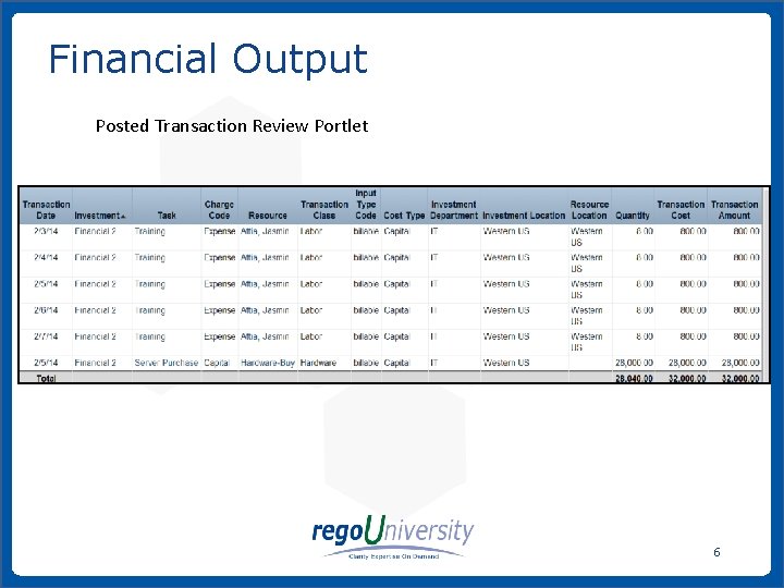 Financial Output Posted Transaction Review Portlet 6 www. regoconsulting. com Phone: 1 -888 -813