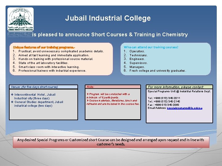 Jubail Industrial College is pleased to announce Short Courses & Training in Chemistry 1.