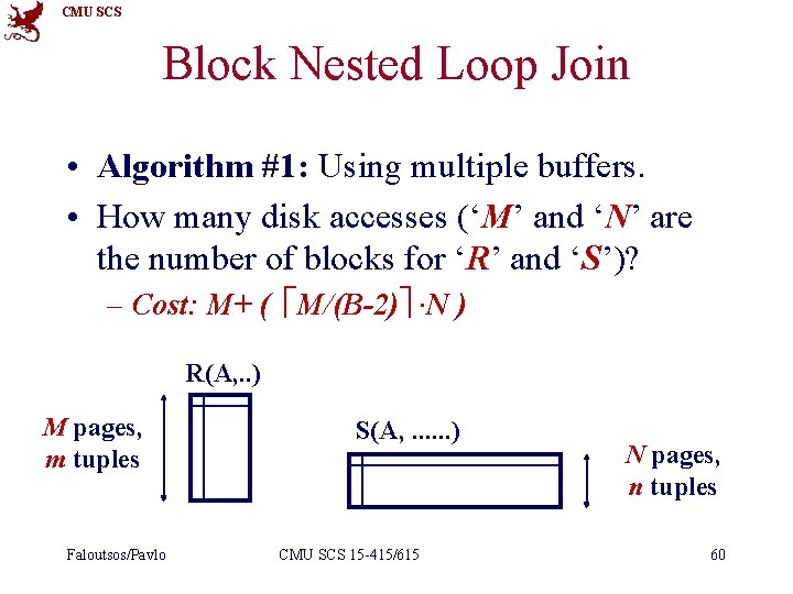 CMU SCS Block Nested Loop Join • Algorithm #1: Using multiple buffers. • How