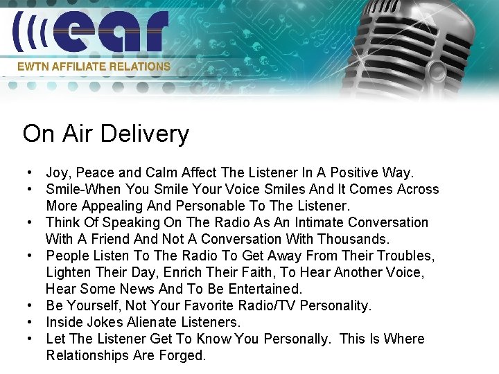 On Air Delivery • Joy, Peace and Calm Affect The Listener In A Positive