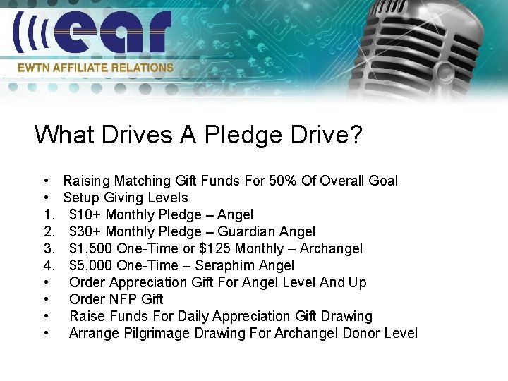 What Drives A Pledge Drive? • • 1. 2. 3. 4. • • Raising