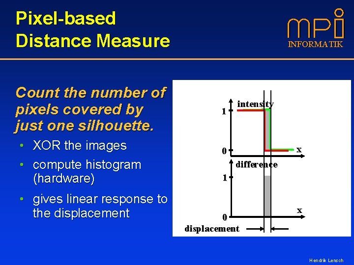 Pixel-based Distance Measure Count the number of pixels covered by just one silhouette. •