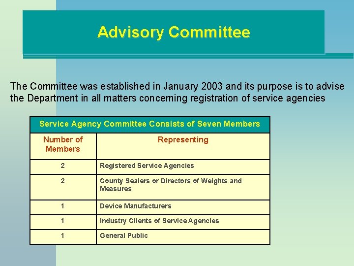 Advisory Committee The Committee was established in January 2003 and its purpose is to